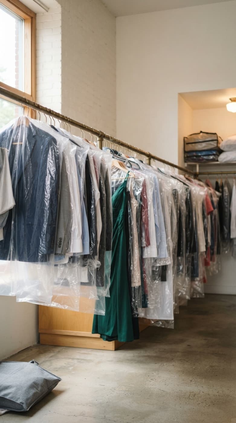 A rail of freshly cleaned garments in protective bags at Morgan Hill Discount Cleaners