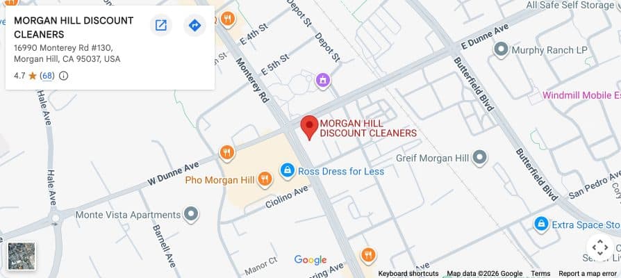 Map showing Morgan Hill Discount Cleaners at 16990 Monterey Rd #130, at Monterey Rd and E Dunne Ave