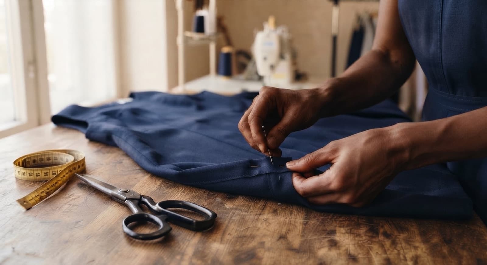 Seamstress performing detailed clothing alterations