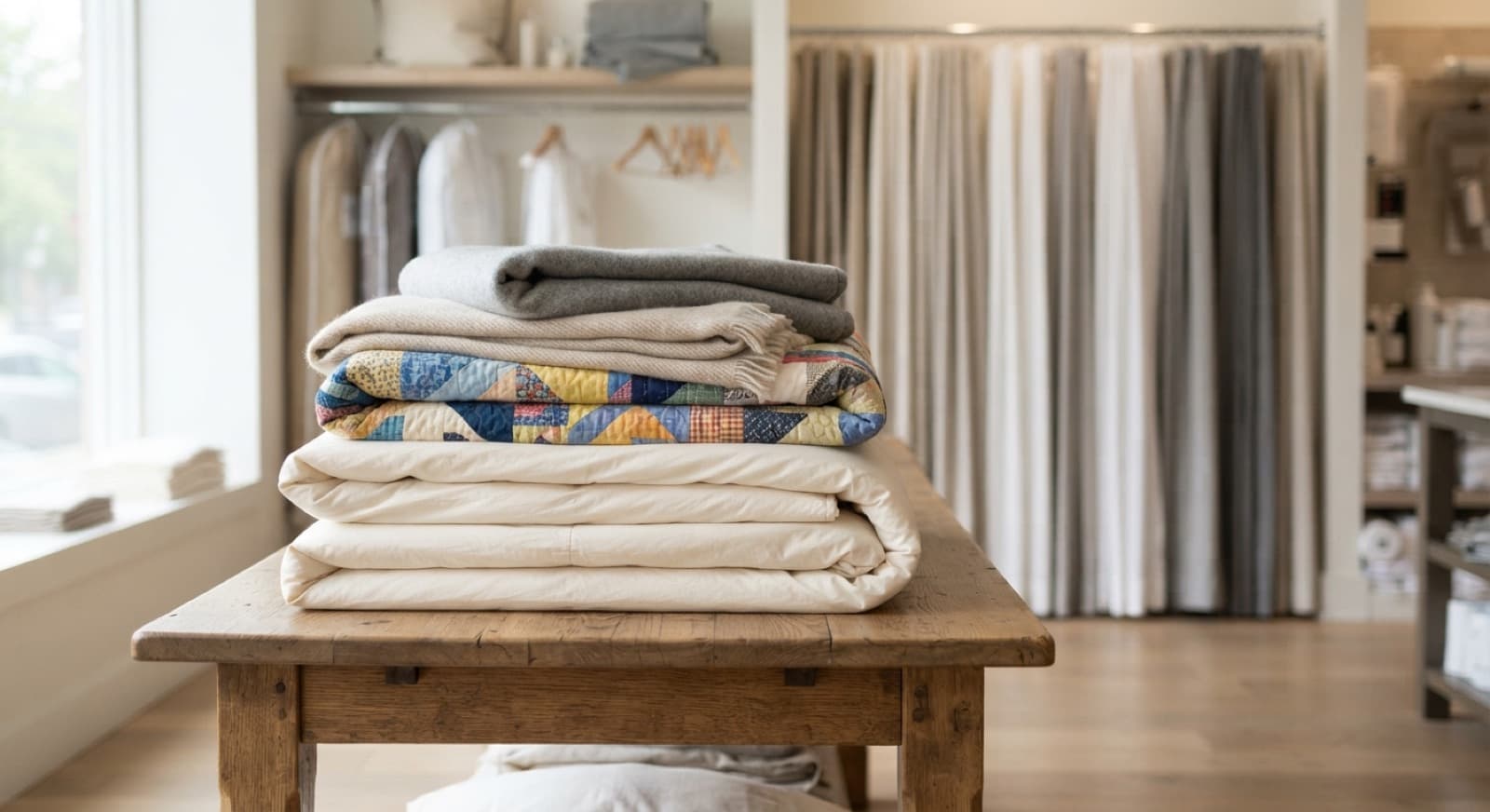 Stack of freshly cleaned comforters, a quilt, and blankets with pressed drapes behind