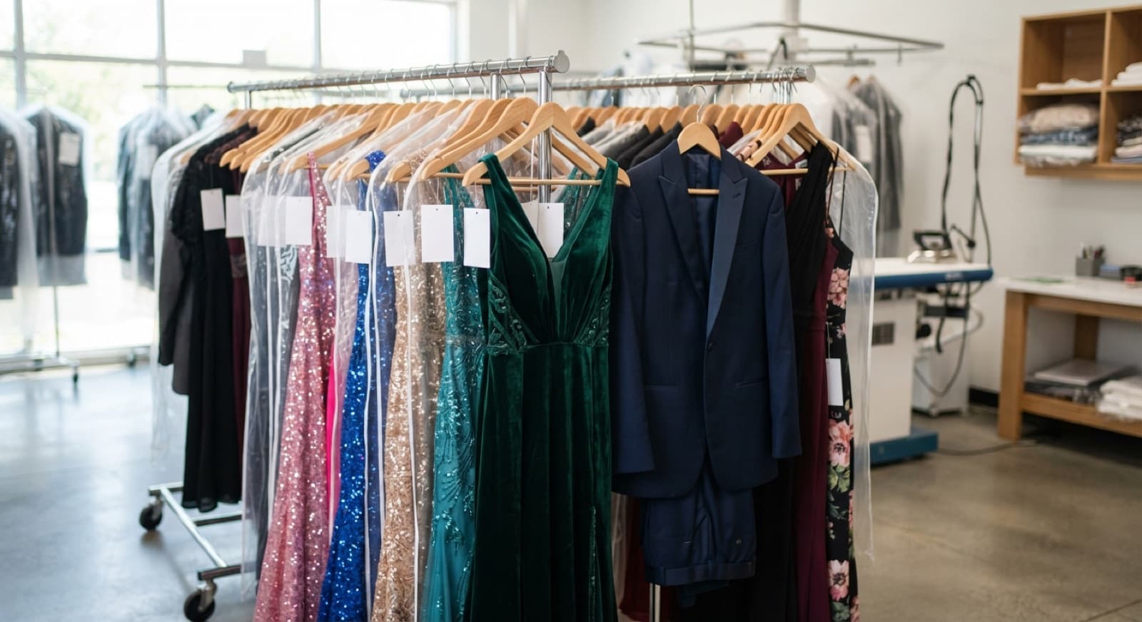 Rack of prom dresses, evening gowns, and a tuxedo freshly cleaned in garment bags