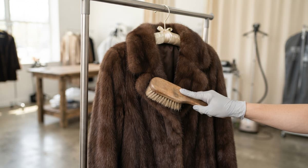 A fur coat on a padded hanger being gently brushed