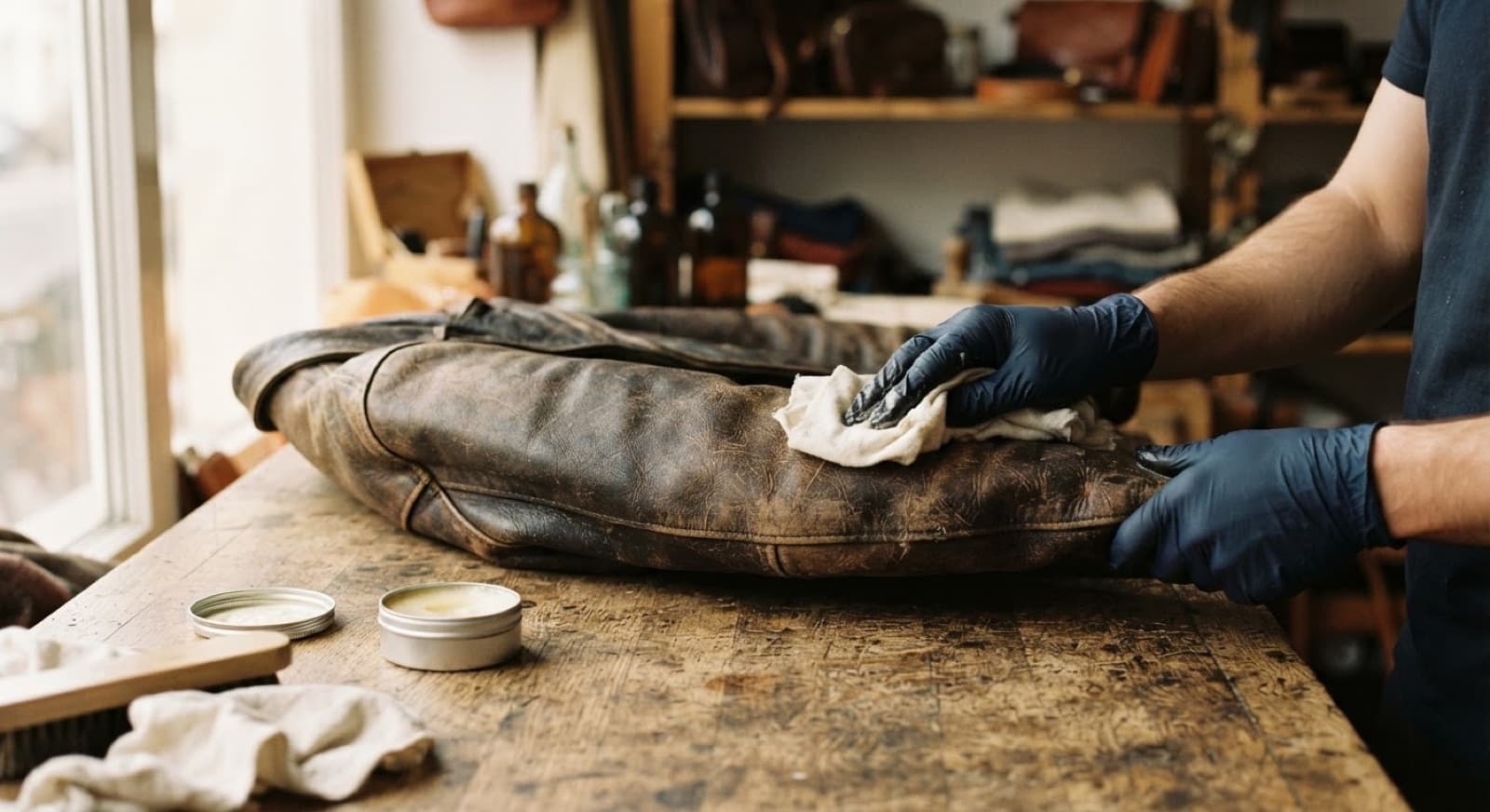 A worn brown leather jacket being hand-conditioned on a workbench