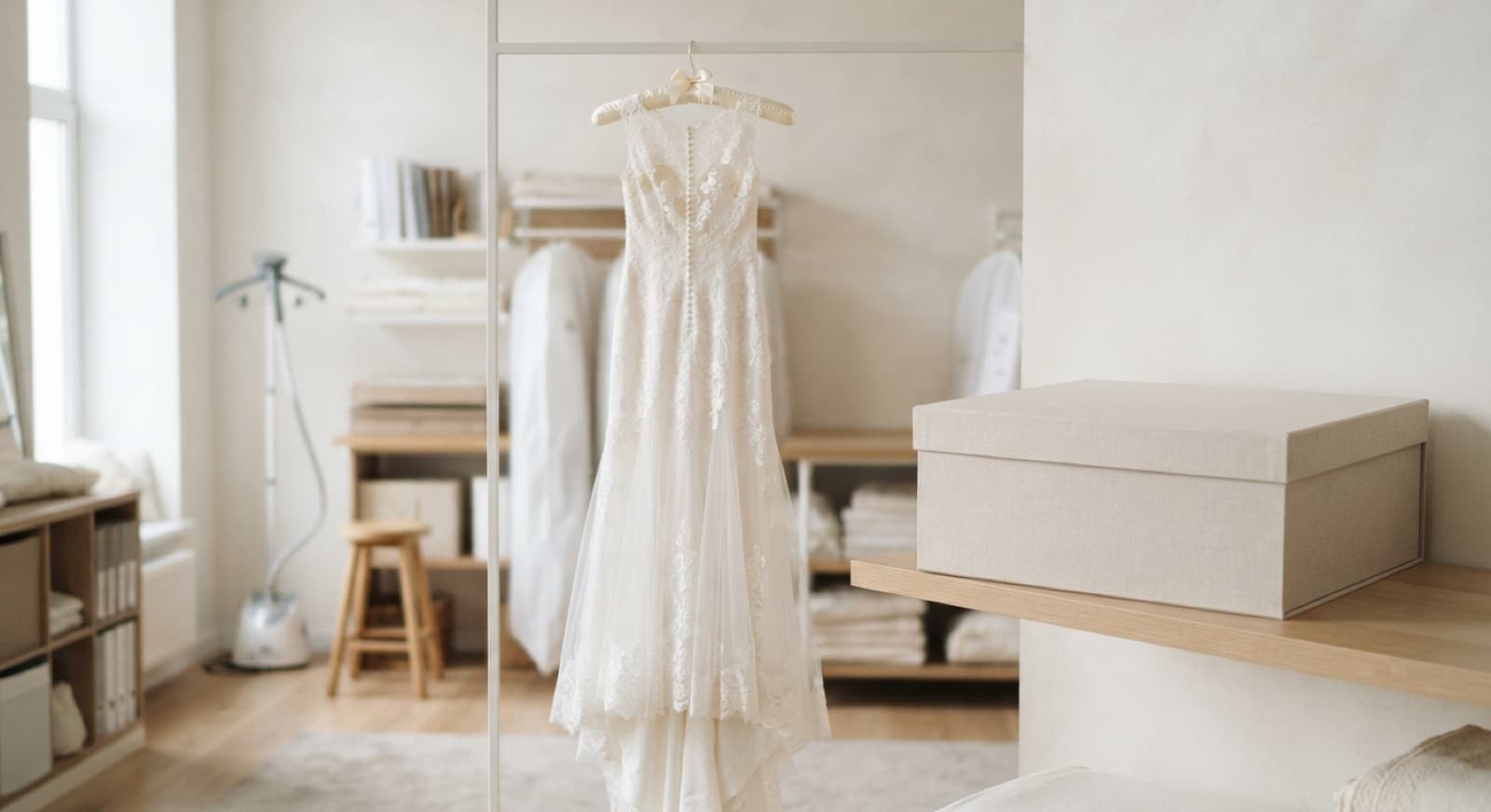 Wedding gown on a padded hanger with an acid-free preservation box