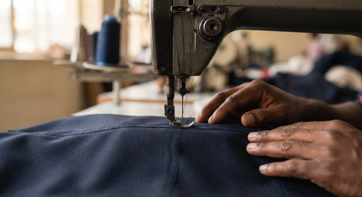 Industrial sewing machine stitching navy suit fabric