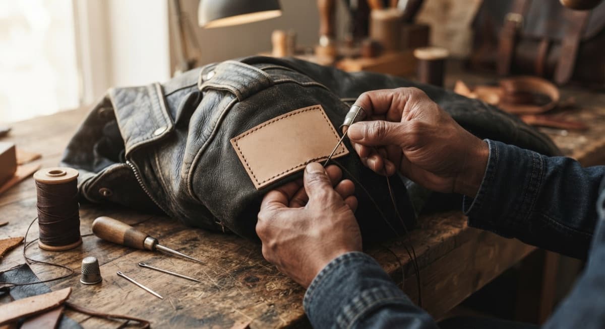 A leather patch hand-stitched onto a motorcycle jacket shoulder