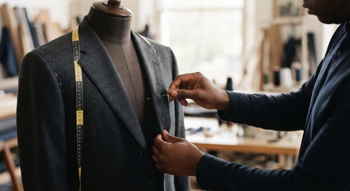 A suit jacket pinned for fitting on a tailoring mannequin