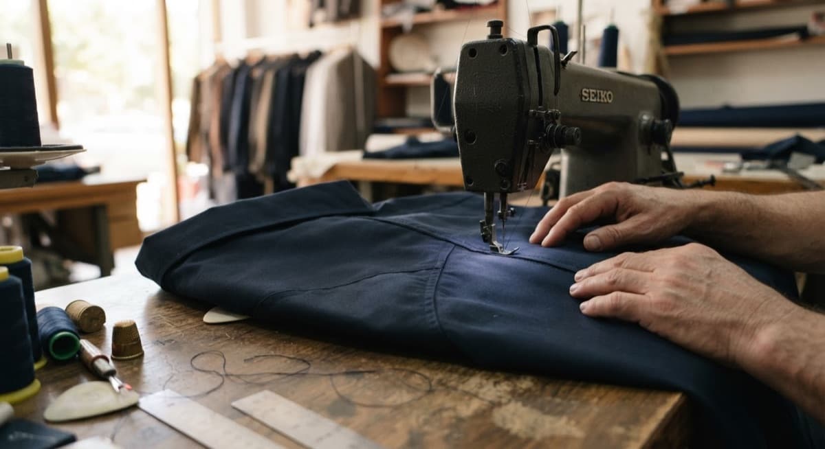 A duty uniform shoulder seam re-stitched on a heavy-duty machine