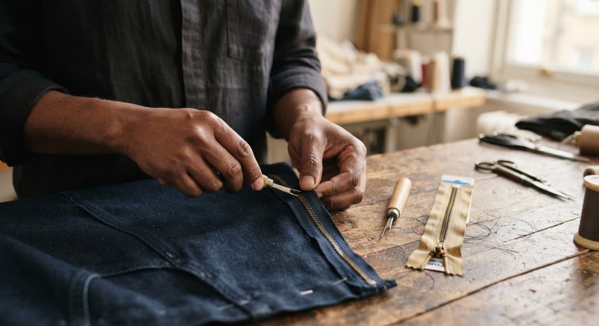 A zipper being replaced on a garment at the work table